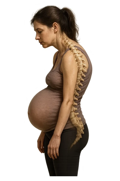 donna in gravidanza di profilo con spina dorsale in evidenza, postura storta, spalle chiuse in avanti, iperrealistica 4k sticker
