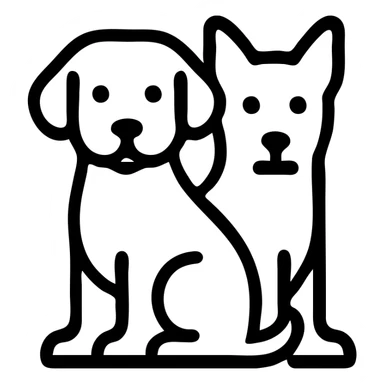 icon of two dogs together, one black and one white, simple lines sticker