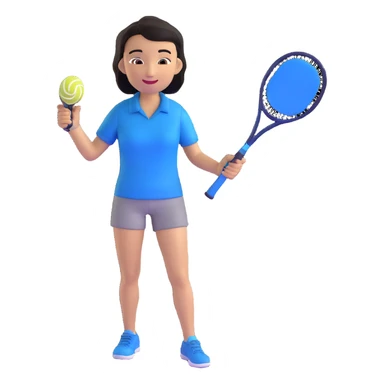 light brown skinned tennis coach, short straight black hair with widow's peak, oval face, small eyes, smiling, holding blue Yonex racket, wearing navy blue dry fit shirt sticker