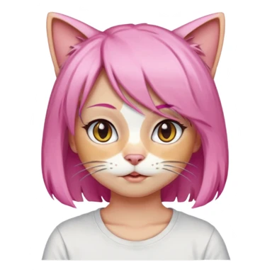 calico cat wear pink hair wig, white T-shirt sticker