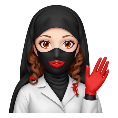 


Scary woman scalpel in hand, evil surgeon sexy surgeon clothes.  She has redcolored  eyes. Her  hair only is free ne brown long curly hair. Wears sexy doctor outfit with red gloves. make her wear full Muslim burka to mask and nose mouth mask  to hide. Wears white surgeon coat, wears  stilettos sticker