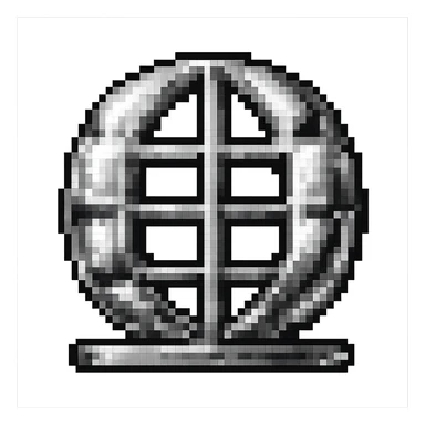 Make this network globe icon metallic with chrome-like reflections and shine. Keep the 3D depth and pixel art influence. Background should be transparent. sticker