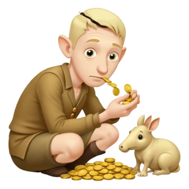 A hunched man with a greedy expression and a long nose counting his coins sticker
