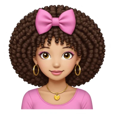 Naturally tan skin girl short darkBrown curly afropink shirt very long lashes hoop gold earrings Brown eyes gyaru smiling closed mouth cute non perfect circular afro. Pink bow hairclip sticker