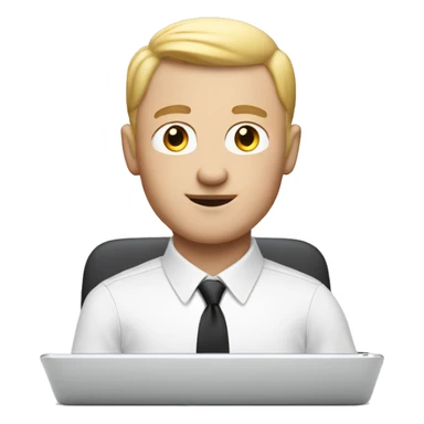 a white memoji man with a french crop behind a laptop sticker