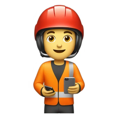 young guy with red bicycle helmet wearing a high visibility suit holding up a smart phone sticker