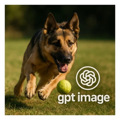  logo with text "gpt image" on the background of a dog chasing ball, realistic image sticker