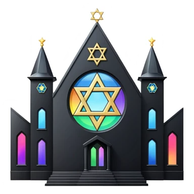jewish synagogue temple in dark goth aesthetic style with black building and very light rainbow tint glass windows and star of david and celestial symbolism sticker