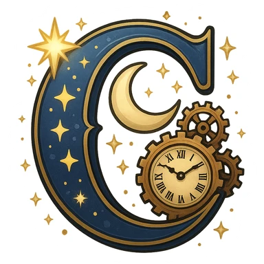 stylized letter C with celestial and time motifs, blending cartoon and realistic elements, inspired by Chronos and the gods of Olympus, just the letter C sticker