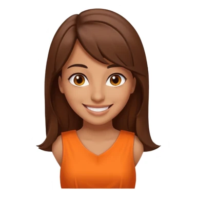 30 yr old middle eastern woman straight brown hair side bangs big smile tanned skin brown eyes orange dress long hair sticker