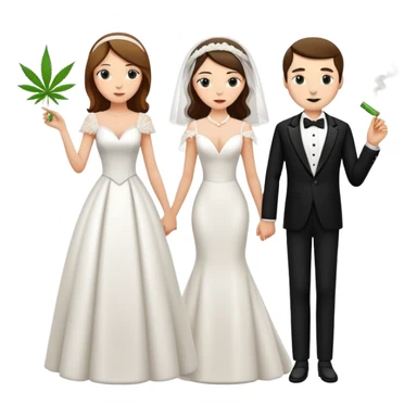 A bride in white wedding dress and groom in tuxedo, full body, smoking cannabis, side by side sticker