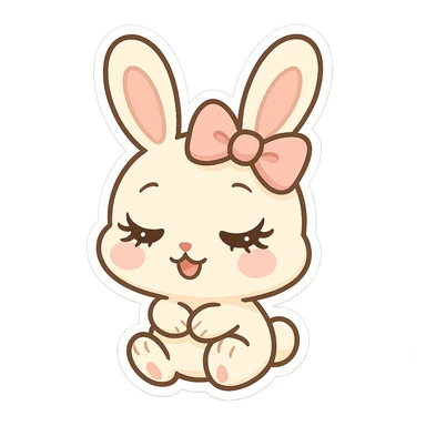 chibi sticker-style bunny with a girly face, long eyelashes, pink bow, cute and exaggerated sticker