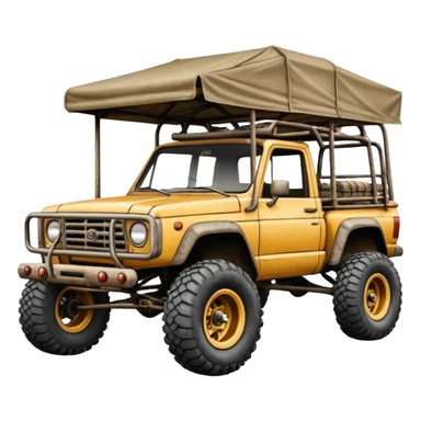 Off road Race truck whose frame and detailed suspension is made of shopping cart material with padded roll cage, roof rack, and antique style handmade bodywork (survivalist style) sticker
