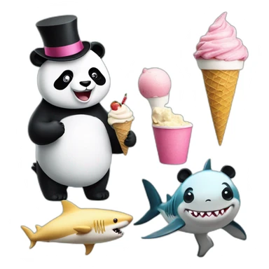 Panda eating ice cream and shark with a top hat sticker