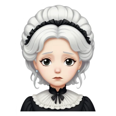 A Victorian woman with coiffed white hair wearing a modest black mourning dress sobbing with tears streaming down her face sticker