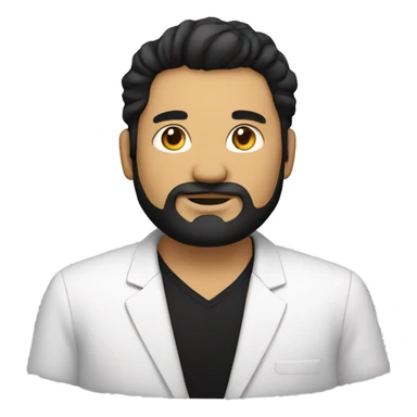 man with lots of black hair and beard, fat , dressed in black blazer with black tshirt sticker