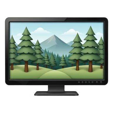 Minimalistic flat vector icon, iOS style, thin black contour on white background. Computer monitor with a simple forest scene on the screen (trees, minimal landscape). Clean, no text, no shadows sticker