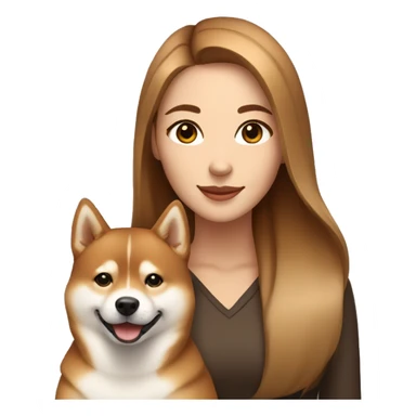 beautiful woman, straight long light brown hair, brown eyes smiling with dog Shiba Inu sticker