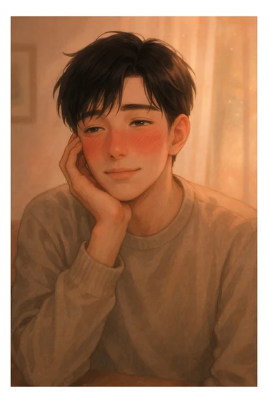 a handsome guy with black hair, looking slightly flushed and dreamy, showing signs of low blood pressure such as a gentle blush and relaxed posture, maybe a hand to his cheek, with subtle romantic hints suggesting his boyfriend is the cause sticker