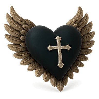 gothic heart in 3D black style, dark emerald velvet, silver cross, feather details, lush and gothic sticker