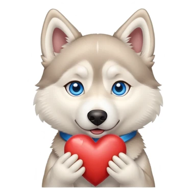 Beige husky with blue eyes holding a big heart sticker