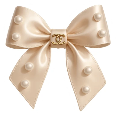 Remove the background, keep only the elegant bow with pearls and gold Chanel logo, glossy, pastel colors, realistic style, with no background. beige sticker