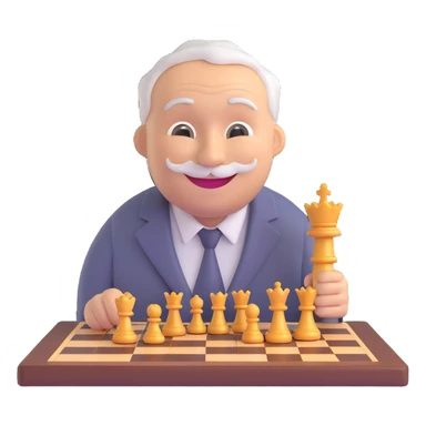 3D smiley emoji, round shape, grandfather with chessboard, gray color, smiling face sticker