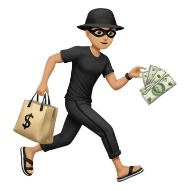 Make a man wear a black pant and he shirt is balck line and white line and wear a black hat and he holding a money bag and he running he wear a black eye thing no money in the Left hand and he yellow and the money bag in the right he wear a flip flop like this is Money bag 💰 NO MONEY sticker