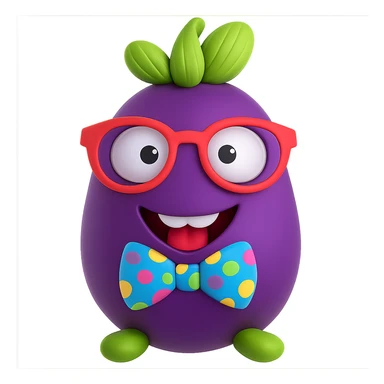 Add a colorful bow tie to the eggplant with nerdy glasses and goofy teeth, keep the background transparent. Maintain the original style and transparent background. sticker