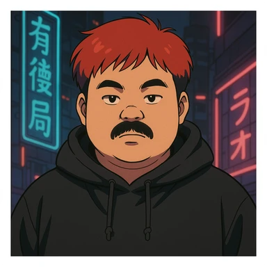 Asian man with a round face, black mustache, red hair, black hoodie, 90s Japanese anime style, soft shading, cyberpunk vibe sticker