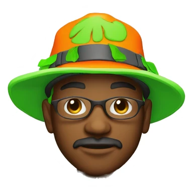 420 Young man Dave Lister wearing neon orange jacket and bucket hat 420 sticker