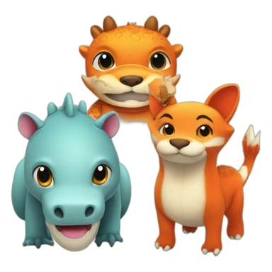 three dolls in a picture, white peluche dragon,hippopotamus, fox sticker