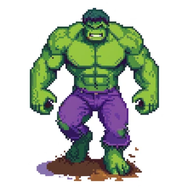 dynamic pose of Hulk from Marvel, smashing ground, green skin, purple pants sticker
