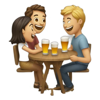 3 people laughing around a table with 3 small beers on it sticker
