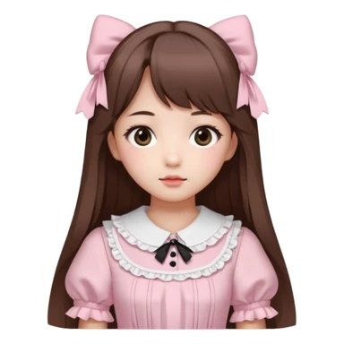 She has fair skin, is Korean, has long straight brown hair, slanted black eyes, with a very Kawaii baby pink lolita dress.  sticker