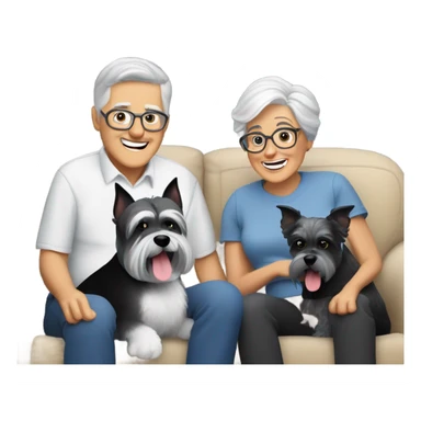 Two grandparents with grey hair sitting on the couch watching the superbowl with their schnauzer black and white dog￼ sticker