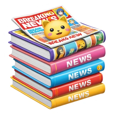 stack of colorful anime magazines with a breaking news banner, emoji style sticker