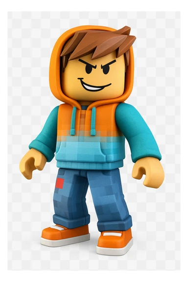 Edit the character in the reference image to have a mischievous expression, keeping the original Roblox style, outfit, and face color exactly as in the reference image. sticker