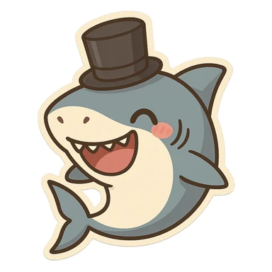a fun and expressive shark wearing a top hat sticker