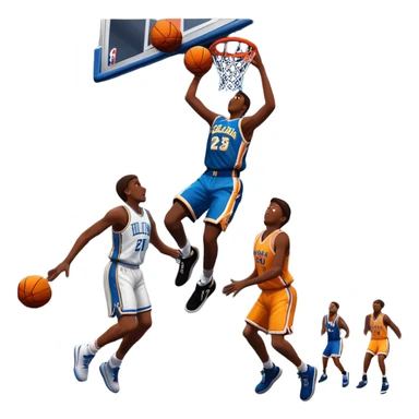 An icon featuring a basketball court with players in action, inspired by NBA 2K25. A player jumps for a dunk, with the ball mid-air. Bright lights illuminate the court, symbolizing the excitement of sports simulation games. Transparent background emphasizes the energy. sticker