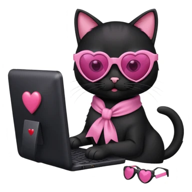 Black cat with pink ribbon and sunglasses doing pink computer with pink heart sticker