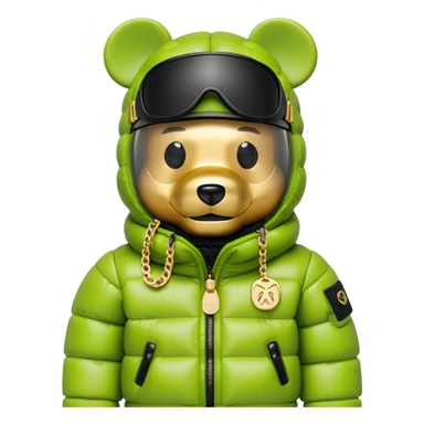bearbrick in lime balaclava with logos where eye section is a single continuous dark visor lens integrated directly into the mask fabric, not additional eyewear, luxury puffy jacket with fur, gold chains sticker