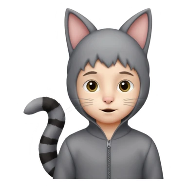 little kid Boy in gray cat suit with tail and ears sticker