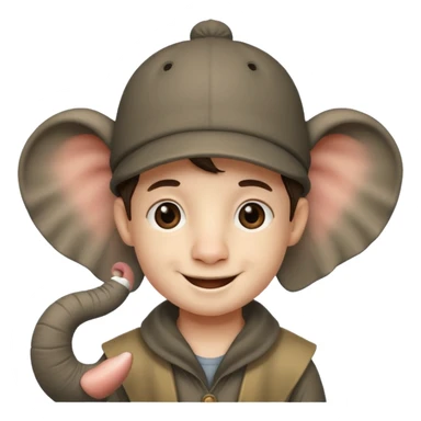 A boy that has a elephant hat that has a trunk sticker
