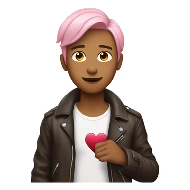 A young guy with shoulder-length pink hair wearing a white T-shirt and a brown leather jacket shows a heart with his fingers sticker