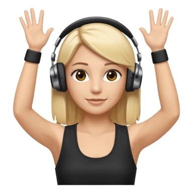 I want a white female dj animated gif emoji with long straight centre parting blonde hair, brown eye brows and putting hands up in the air. Wearing a black tight top with no sleeve. Also wearing DJ headphones  sticker