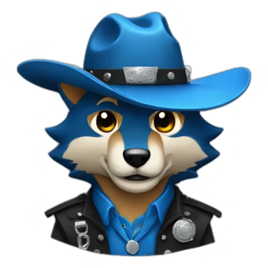 blue wolf with a black cowboy hat holding a cowboy revolver sticker