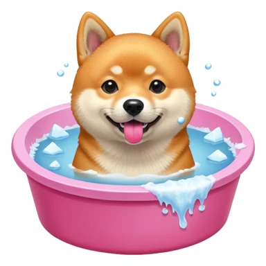 ice bath with a dog in id from wood round. write ice bath  on the ice bath and make it high quality. the dog is a shiba inu. the ice bath has a lot of ice and on the floor sticker