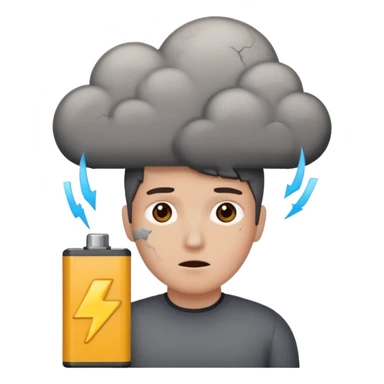  battery with no energy and cracks on it and a gray cloud abouve the head sticker