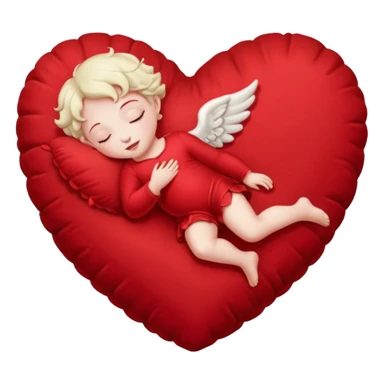 A lifelike photograph shows a pale Cupid sleeping on a giant, soft, heart-shaped cushion. sticker